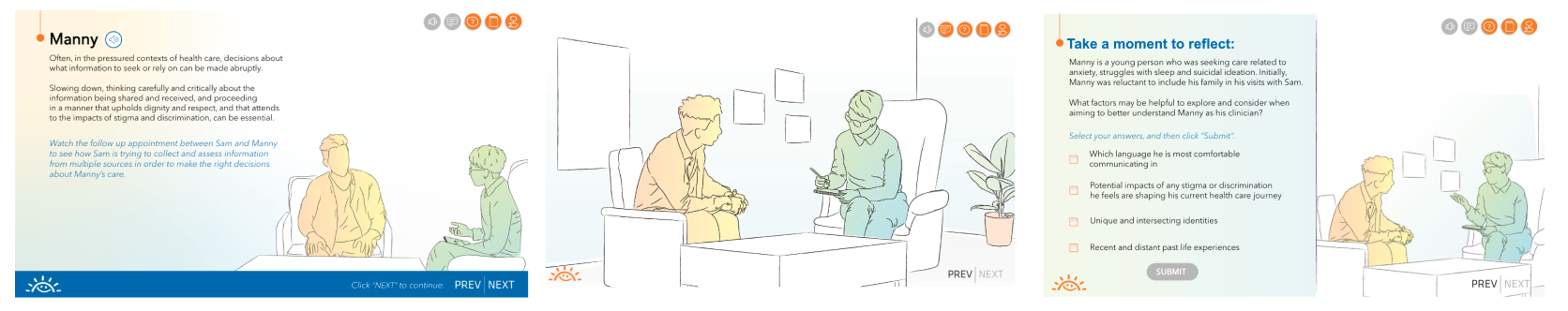 Different images from the course showing a sequence of the video patient and doctor meeting and then reflection slides to build awareness.